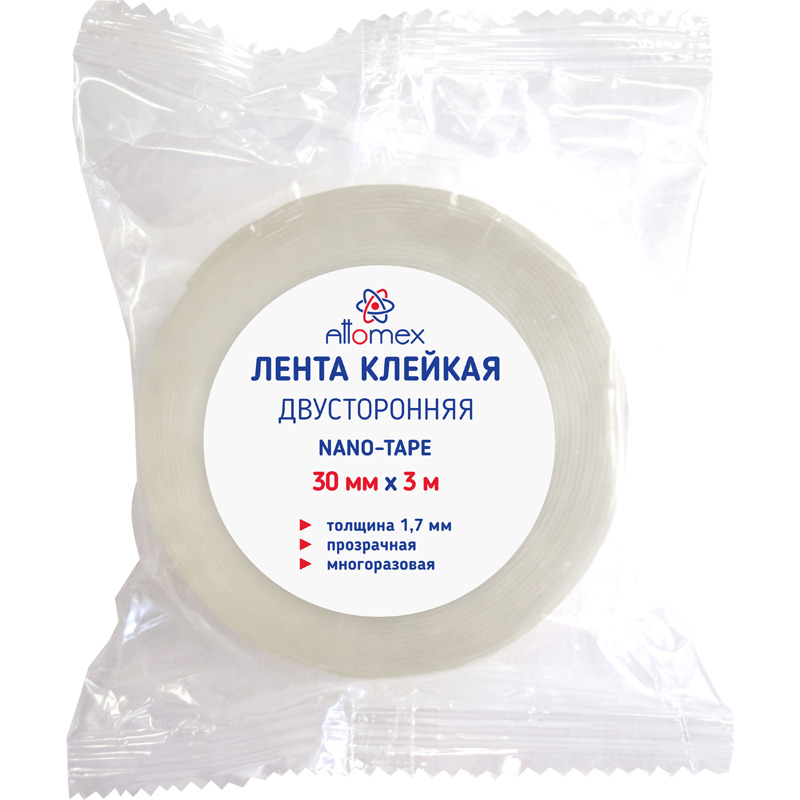 Клейкая лента 2-х стор.30ммх3м проп. attomex прозрачная основа,многораз.