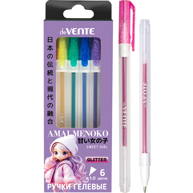 ручка гел. в наборе devente "amai menoko" 6цв. 1,0мм с блёстками Ручка гел. в наборе devente "amai menoko" 6цв. 1,0мм с блёстками