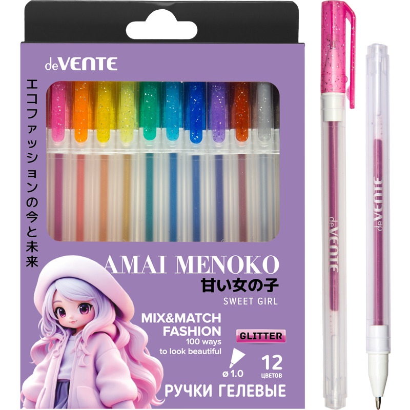 ручка гел. в наборе devente "amai menoko" 12цв. 1,0мм с блёстками Ручка гел. в наборе devente "amai menoko" 12цв. 1,0мм с блёстками