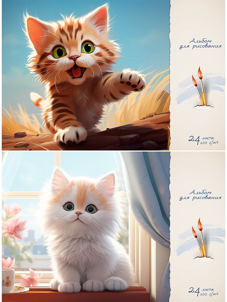 Альбом д/рис. а4 24л.скрепка "пушистые котики" (проф-пресс) оф/о,асс-т