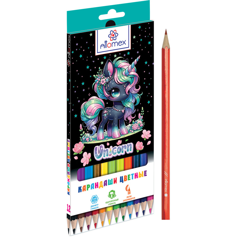 Карандаши цветные attomex "unicorn" 12цв. шестигран.