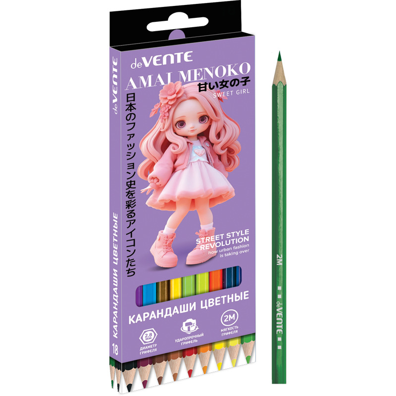 Карандаши цветные devente "amai menoko" 18цв. шестигран.