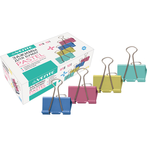 Зажим для бумаг цветной 41мм 12шт. devente "pastel"