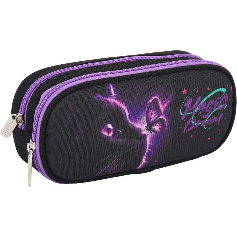 Пенал овал на молнии devente "magic dream" чёрный 220х95х70мм 2 отдел.,ткань (откид.планка)