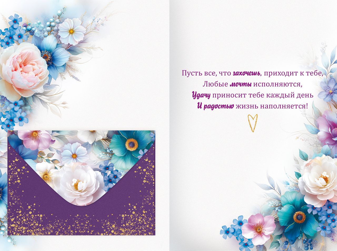 Открытка а5 "с днём рождения!" цветы + конверт фольга текст