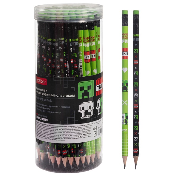 Карандаш с резинкой hatber "пиксель бум" нв круглый асс-т