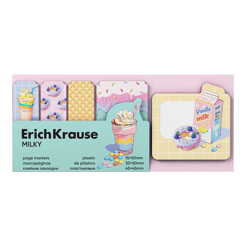 Закладки с липким краем erich krause "milky" 15х50мм,30х50мм,45х45мм пластик