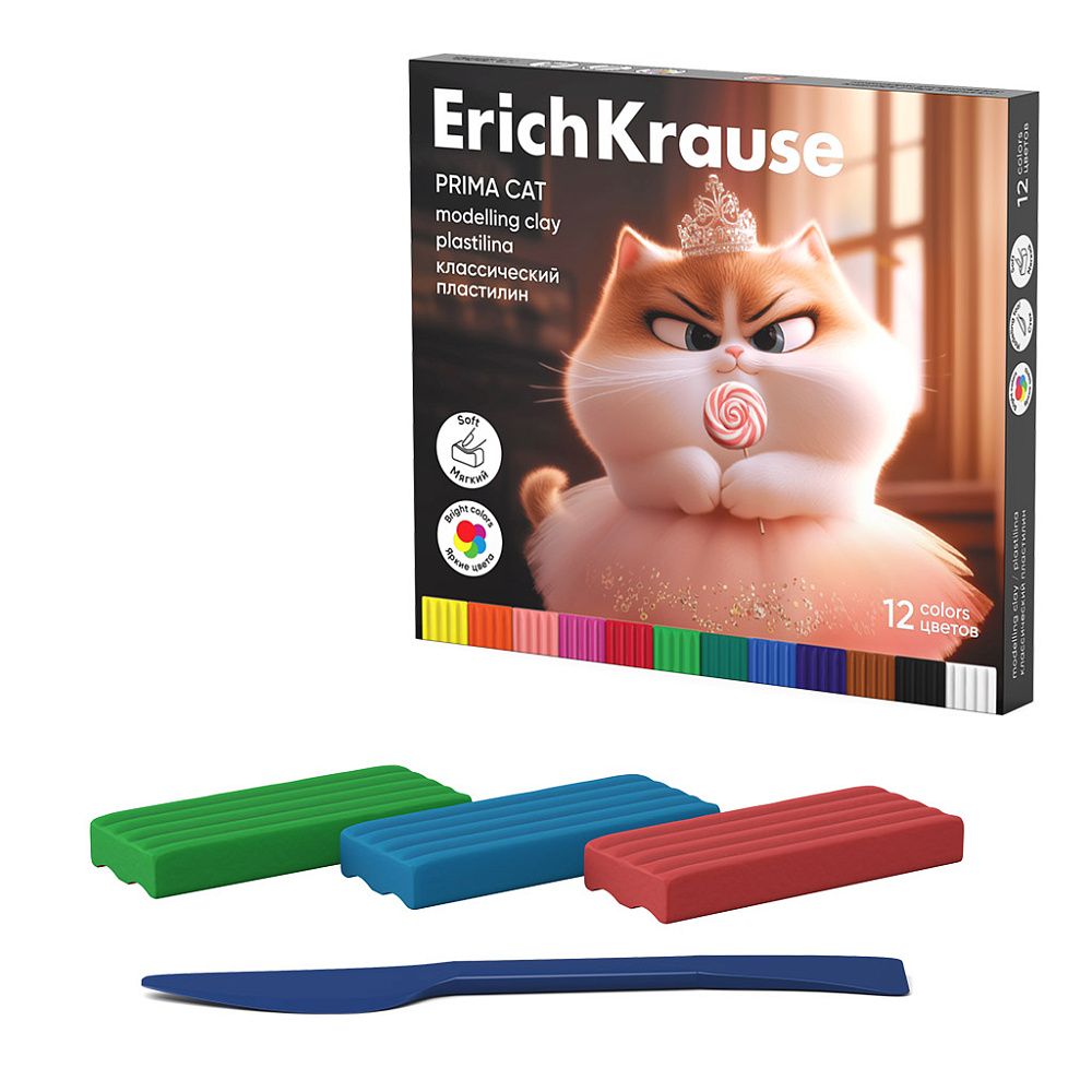 Пластилин "prima cat" (erich krause) 12цв. 192г, стек