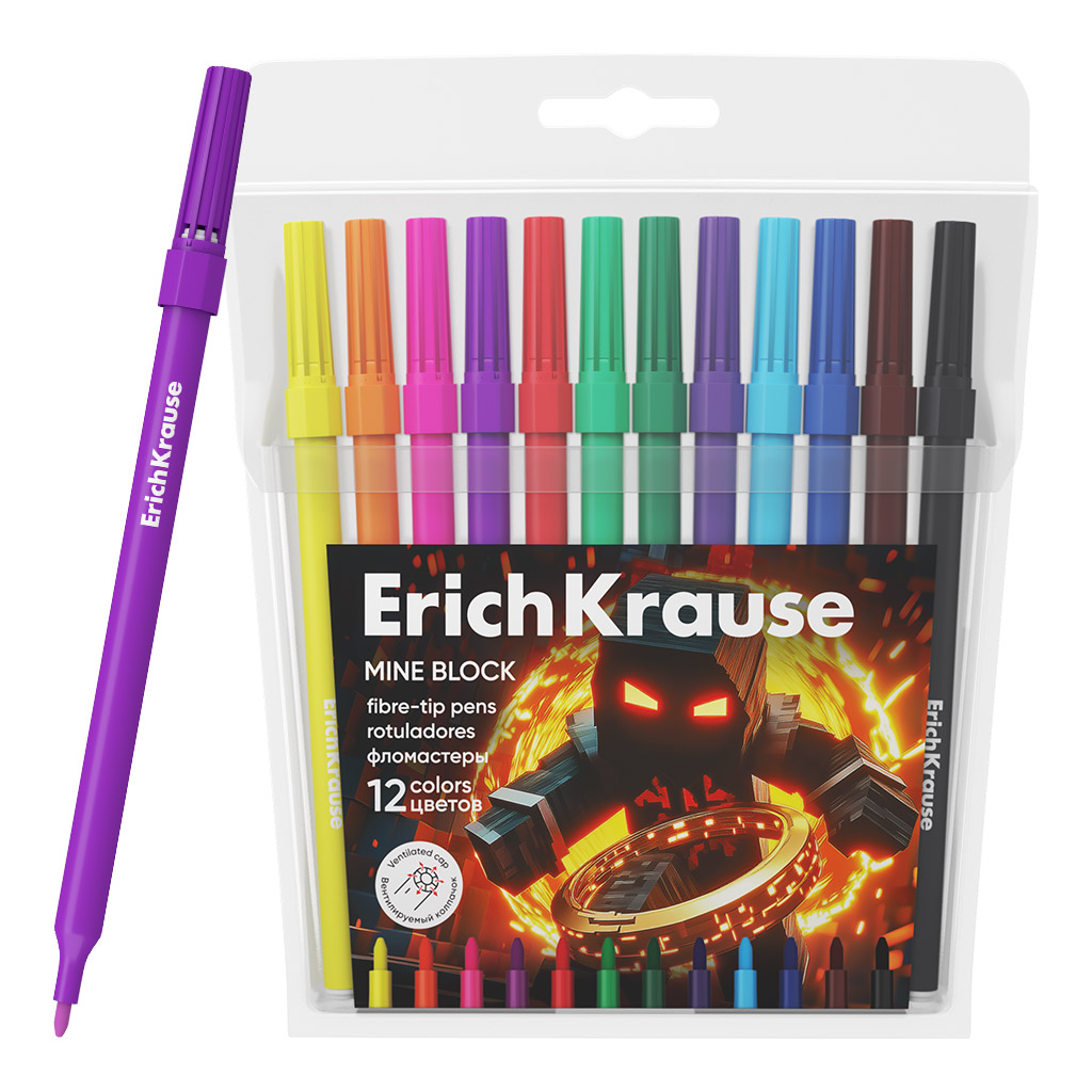 Фломастеры "mine block" 12цв. (erich krause) вент.колп.,пл/бл.