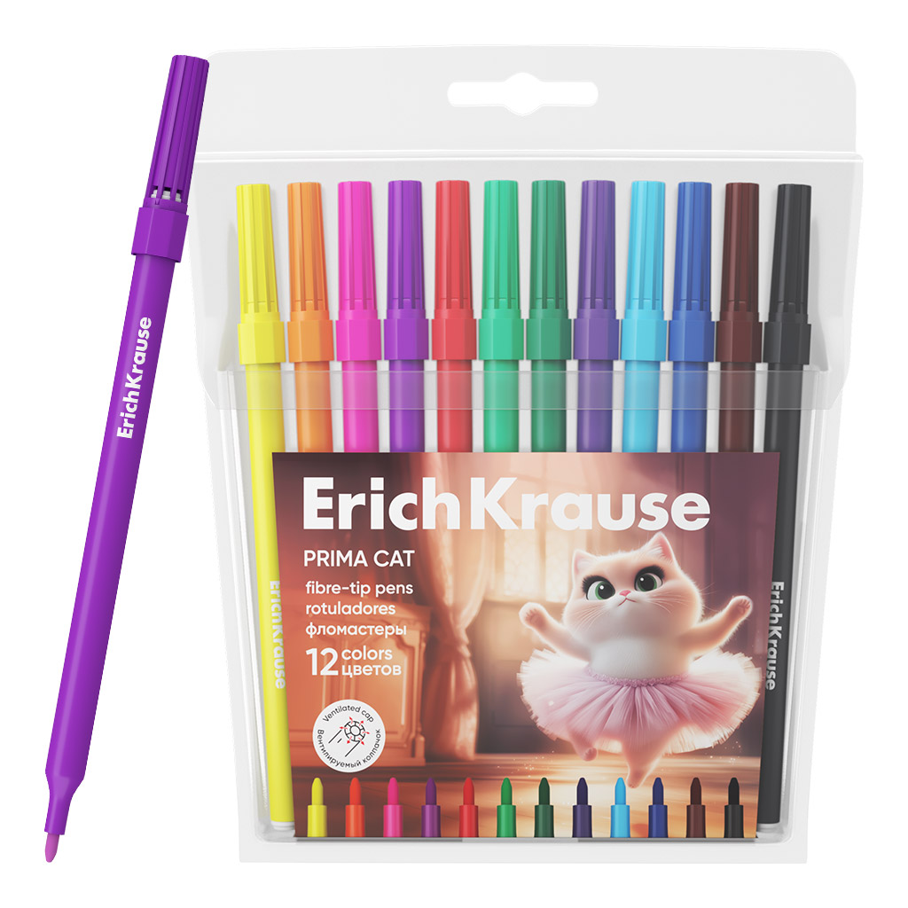 Фломастеры "prima cat" 12цв. (erich krause) вент.колп.,пл/бл.