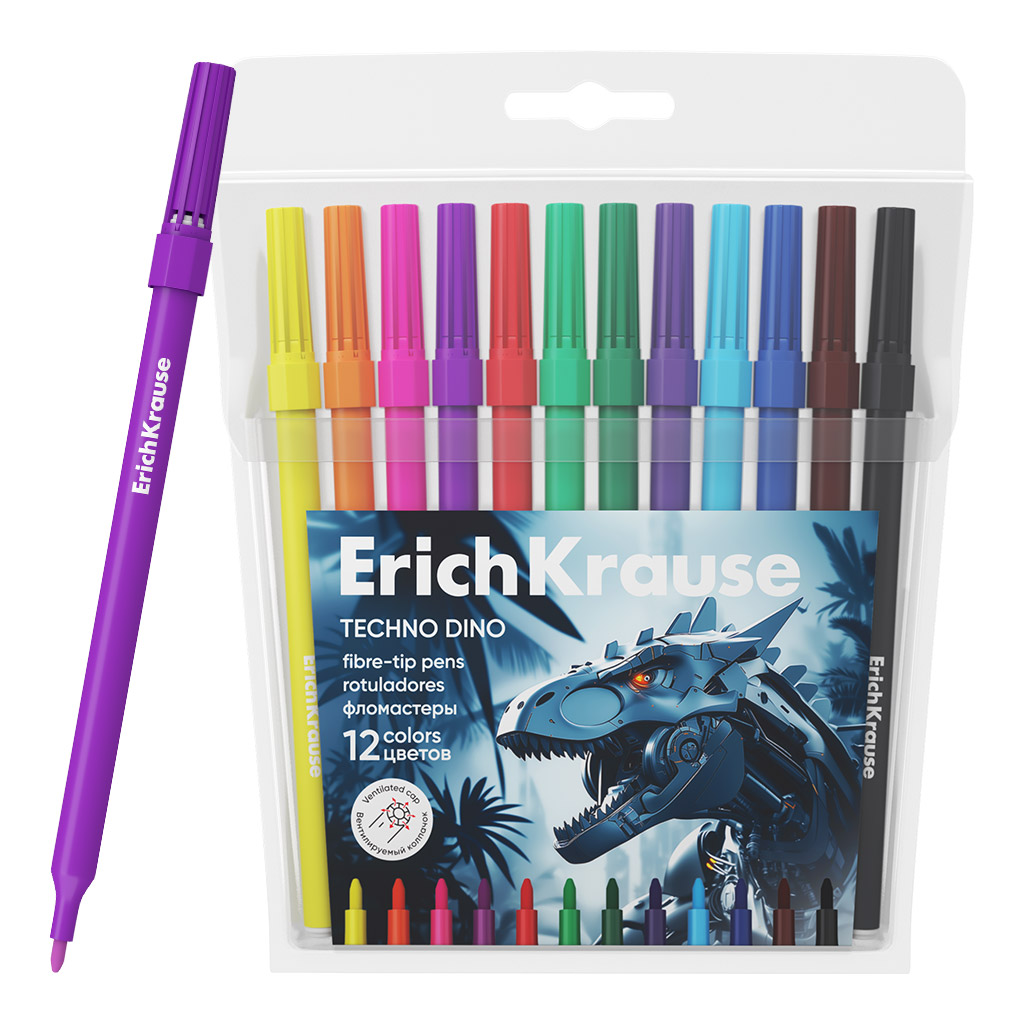 Фломастеры "techno dino" 12цв. (erich krause) вент.колп.,пл/бл.