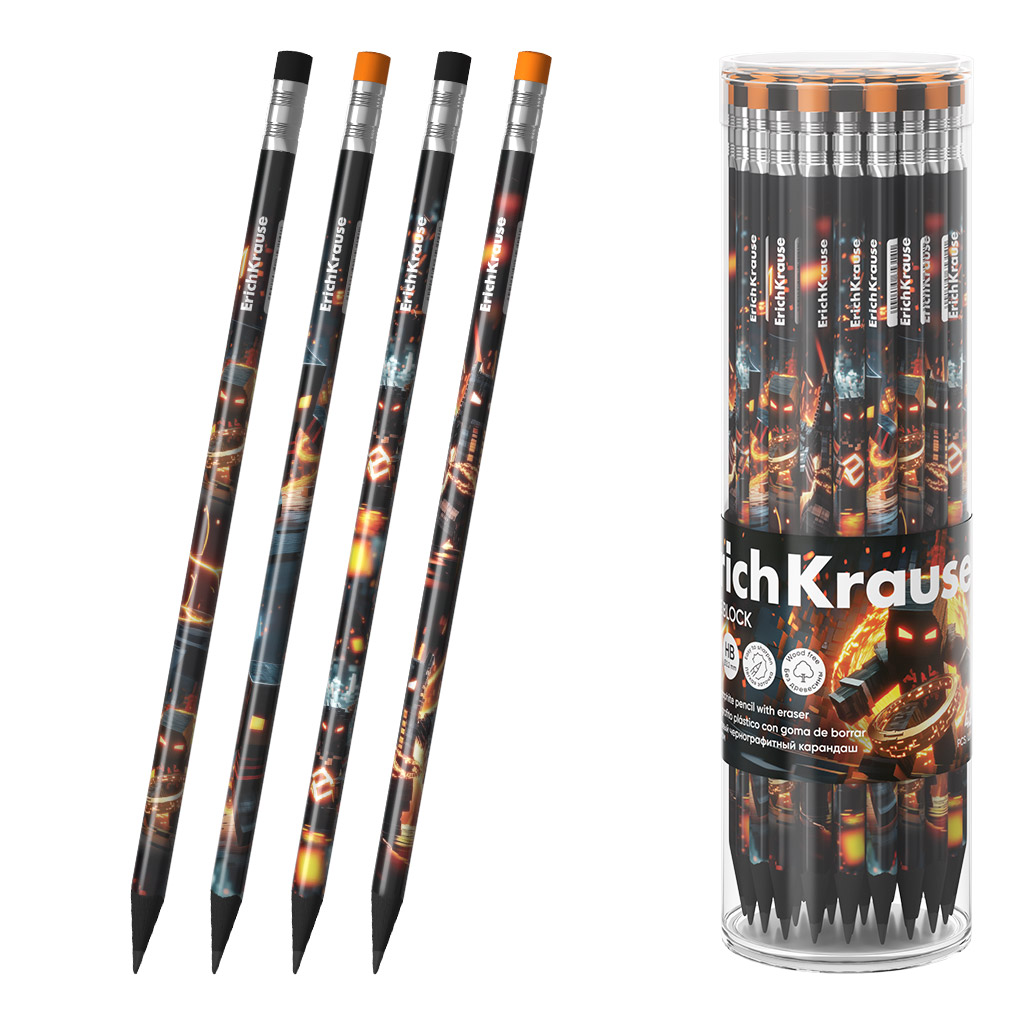 Карандаш erich krause "mine block" с резинкой трехгранный нв асс-т
