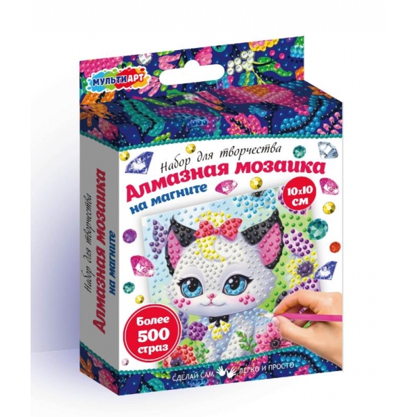 Набор д/творч. алмазная мозаика магнит 10х10см "котик с бантиком" (мульти арт)