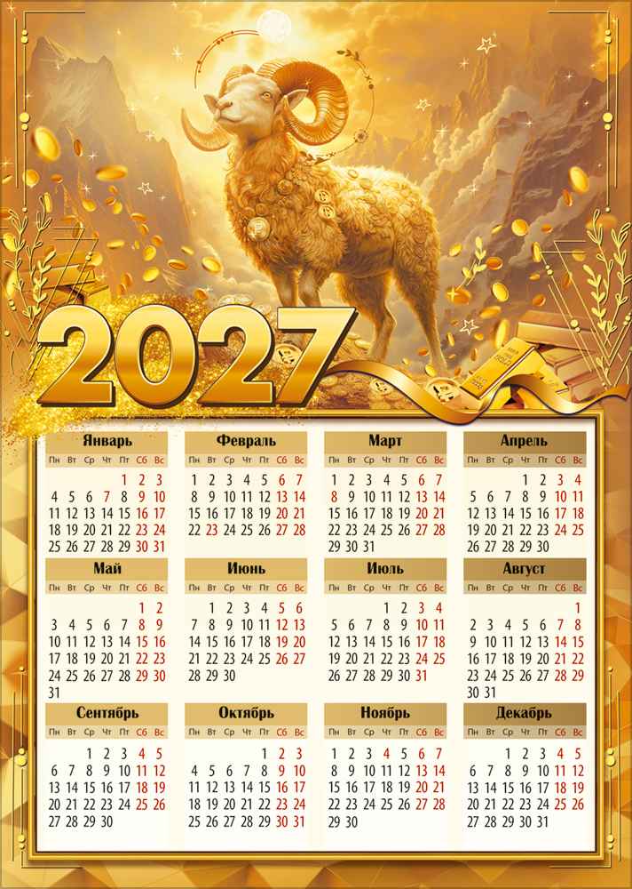 Календарь настенный 2027 а4 "золотая коза с монетами в горах"