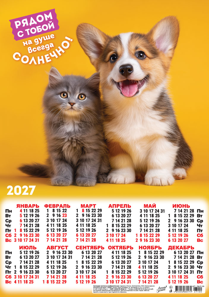 календарь настенный 2027 а3 "кот и пёс. на душе солнечно" Календарь настенный 2027 а3 "кот и пёс. на душе солнечно"