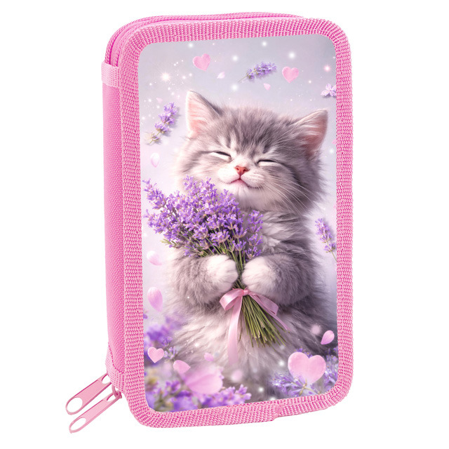 Пенал на 2-х молниях оникс "котик с лавандой" 190х110мм