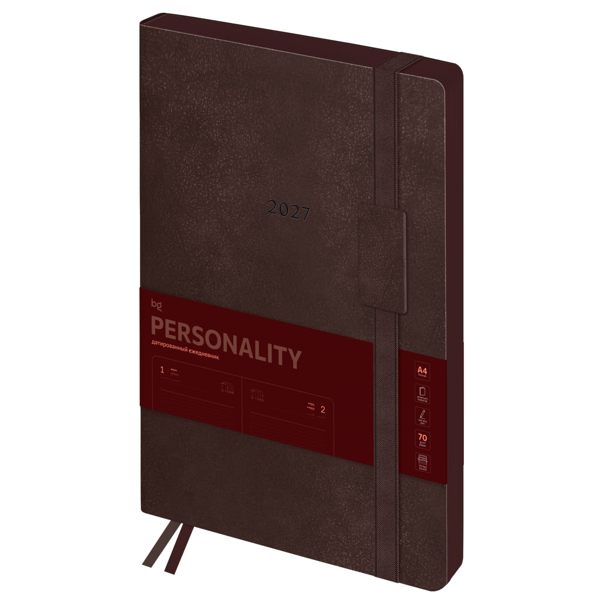 Ежедневник 2027 а4 bg "personality. mokko" коричневый с цветным срезом,тонир.блок,резинка,кож.зам.