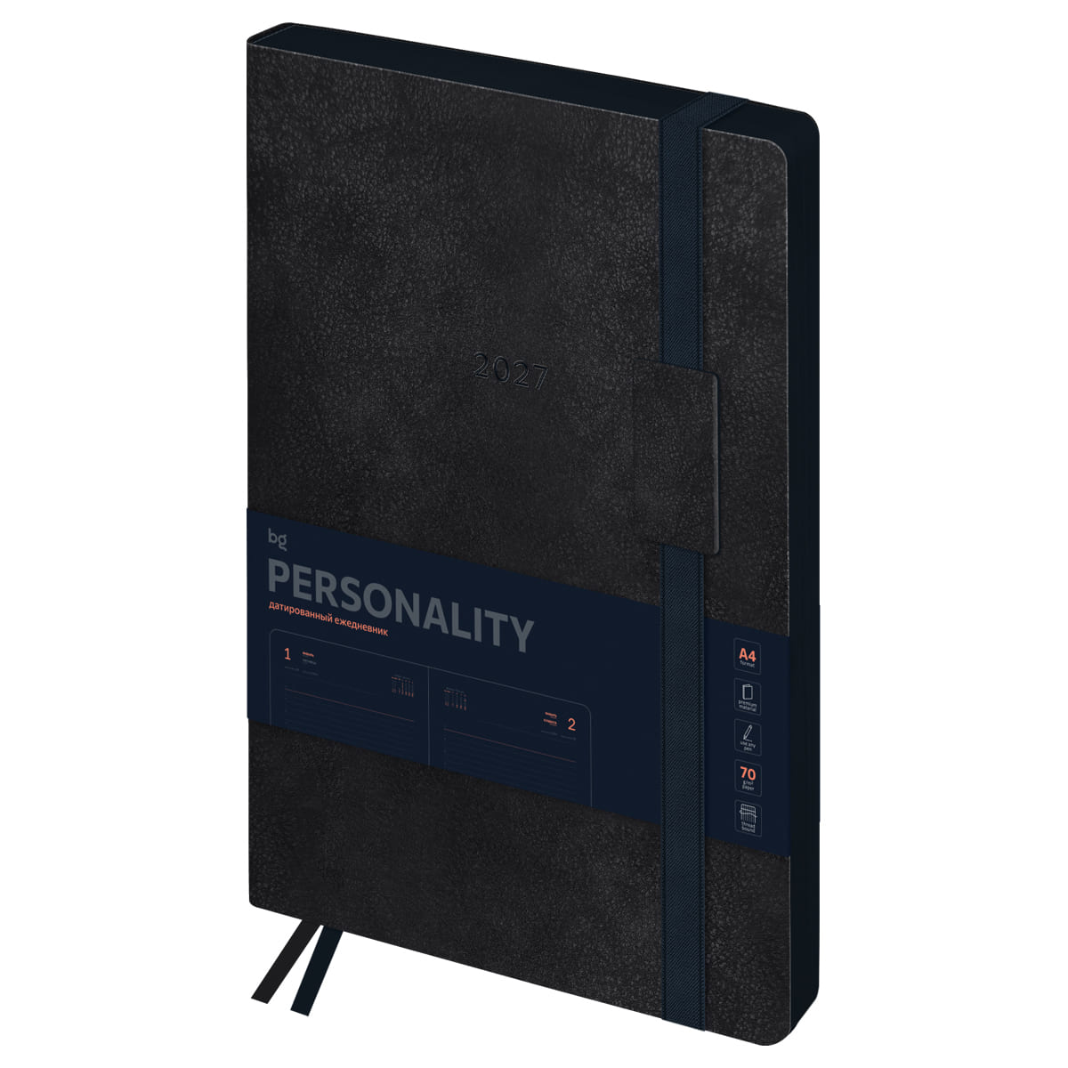 Ежедневник 2027 а4 bg "personality. onyx" графитовый с цветным срезом,тонир.блок,резинка,кож.зам.