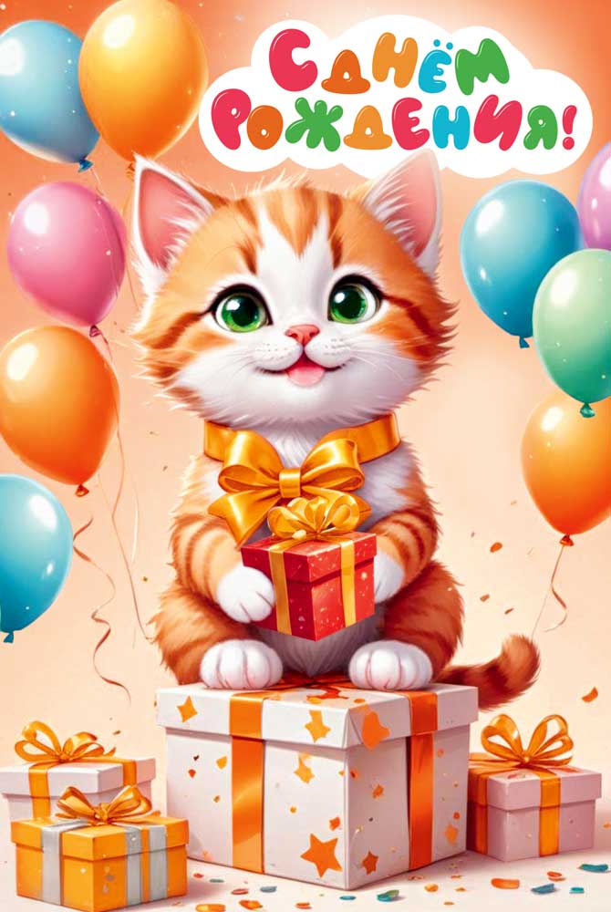 Открытка а5 "с днём рождения!" котик лак текст