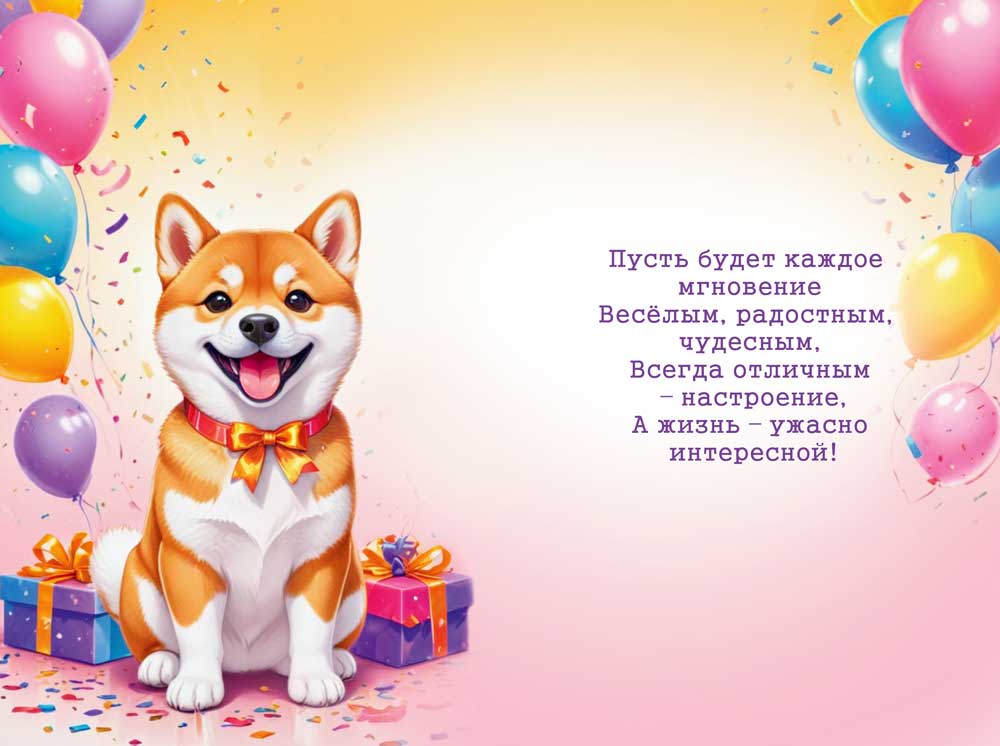 Открытка а5 "с днём рождения!" собачка лак текст