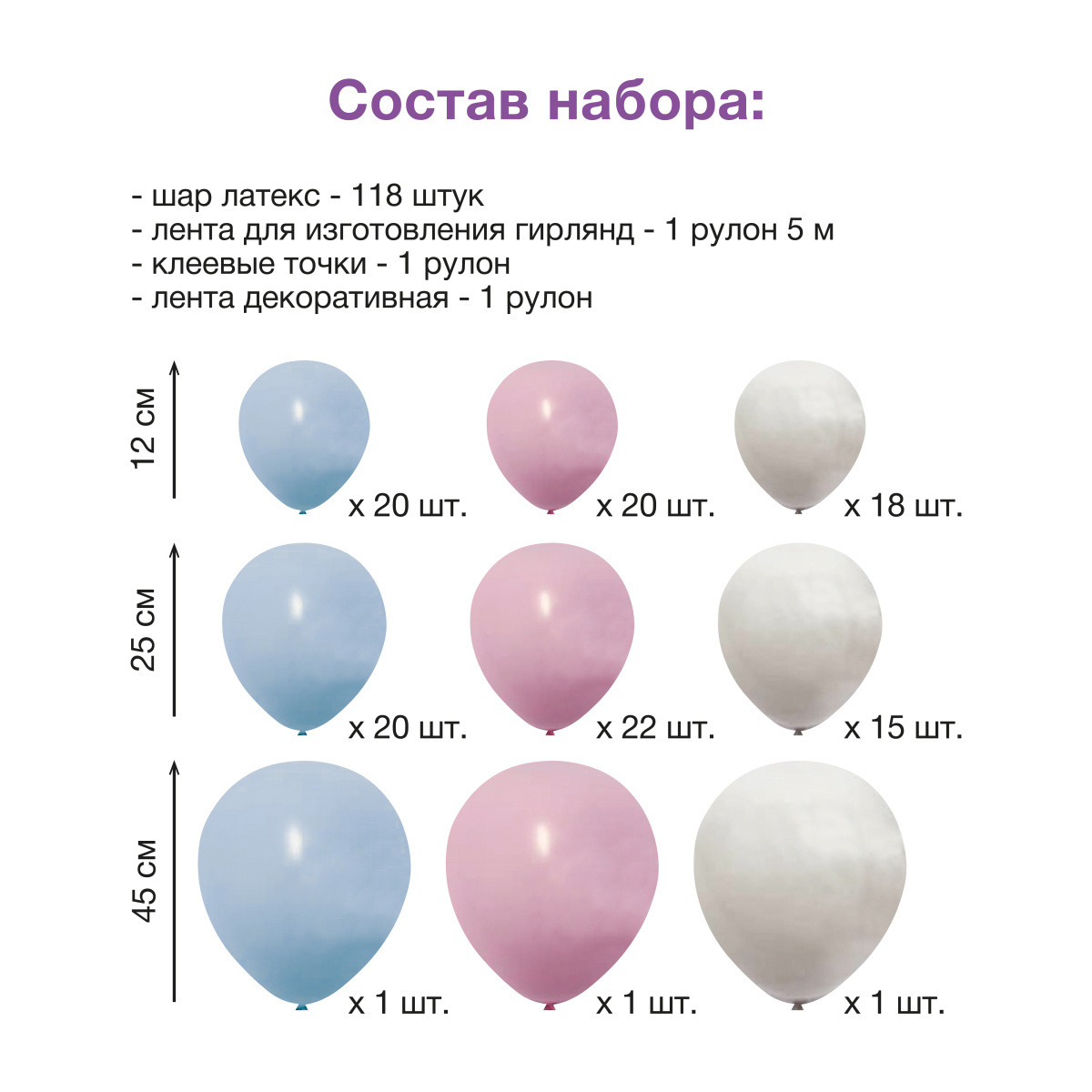 Набор шаров возд. 118шт. бежевый/голубой/розовый