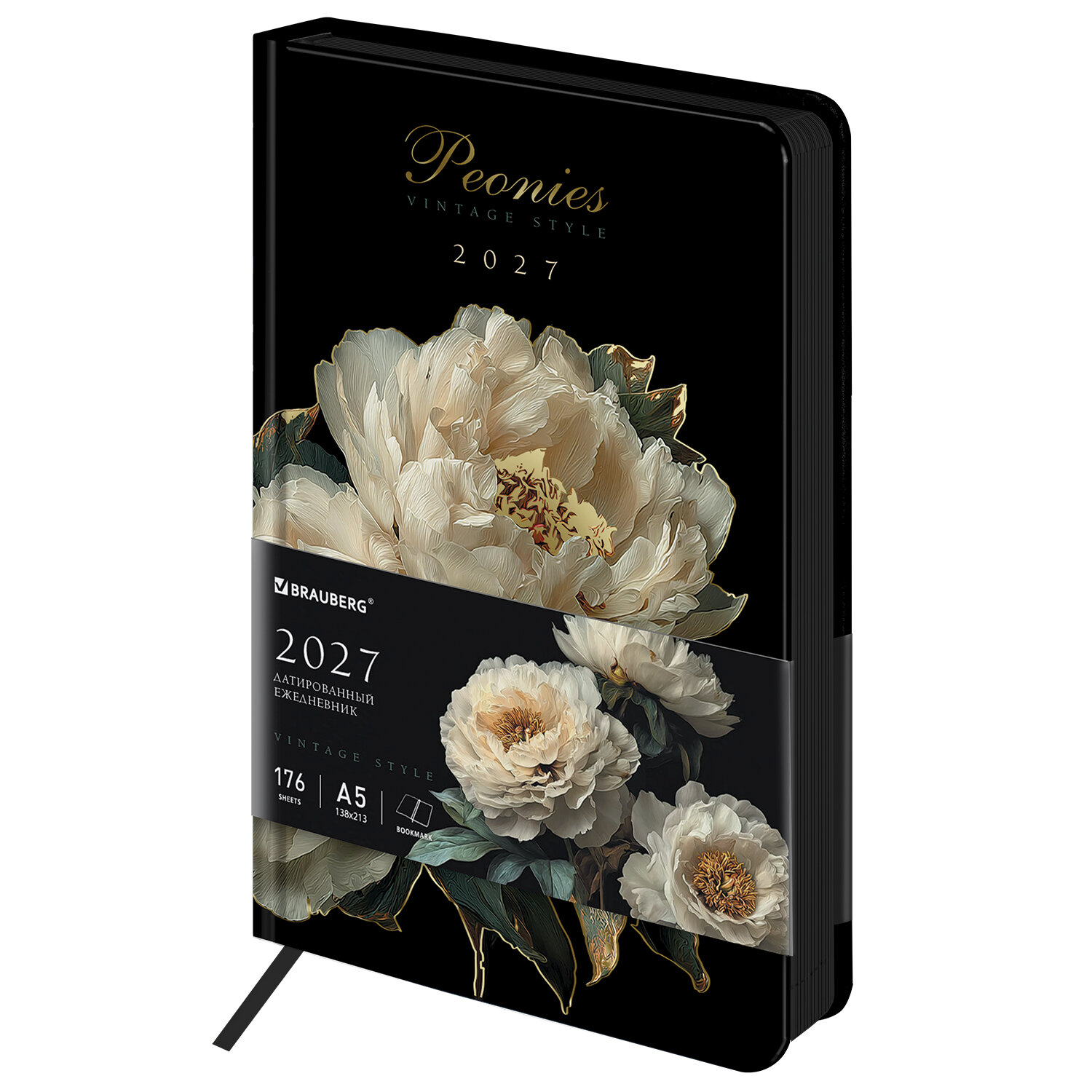 Ежедневник 2027 а5 brauberg "vista. midnight peonies" с черным срезом,кож.зам