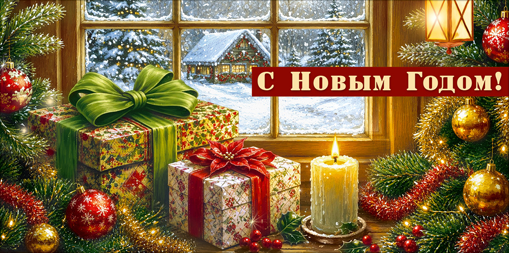 Конверт для денег "с новым годом!" подарки, свеча, ветки ели с елочными шарами текст