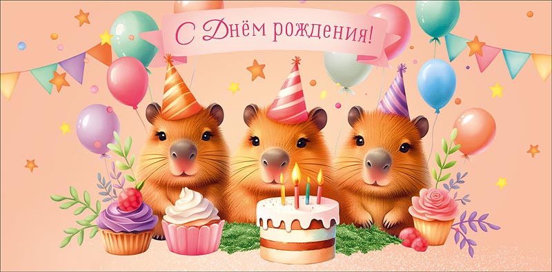 Конверт для денег "с днём рождения!" капибары блёстки текст