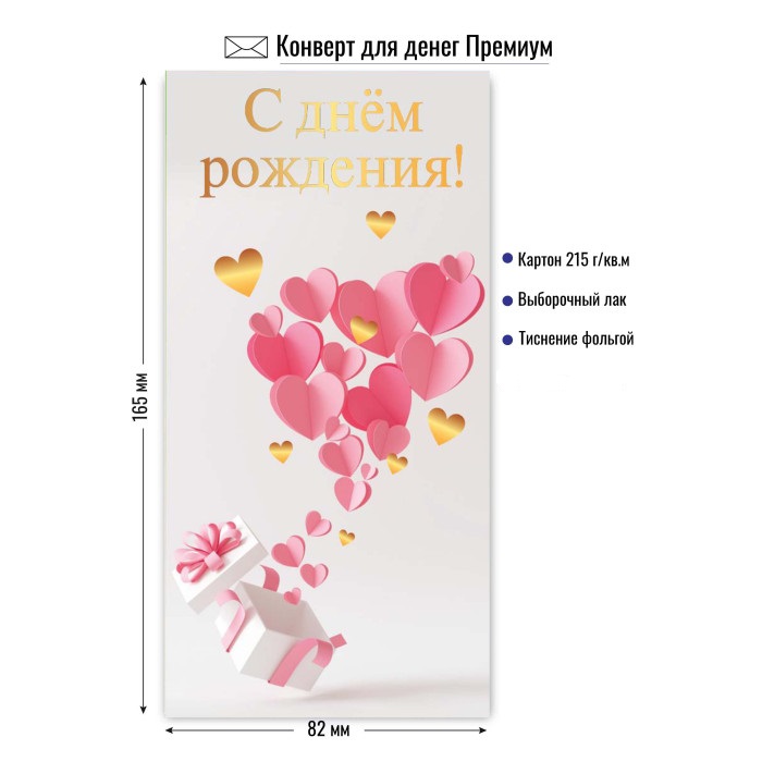 конверт для денег "с днём рождения" сердечки лак фольга Конверт для денег "с днём рождения" сердечки лак фольга