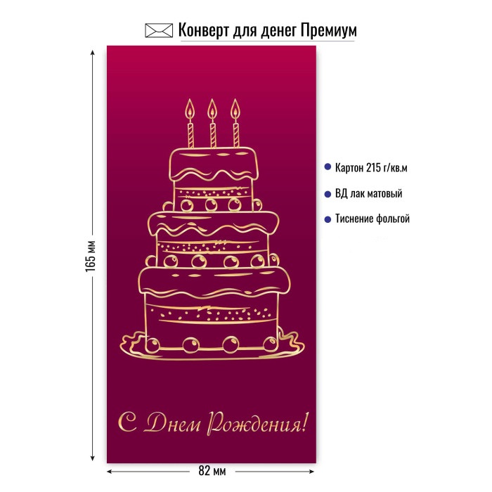 Конверт для денег "с днём рождения" торт лак фольга