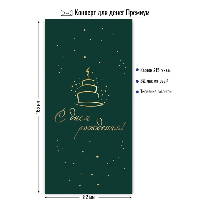 Конверт для денег "с днём рождения" торт лак фольга