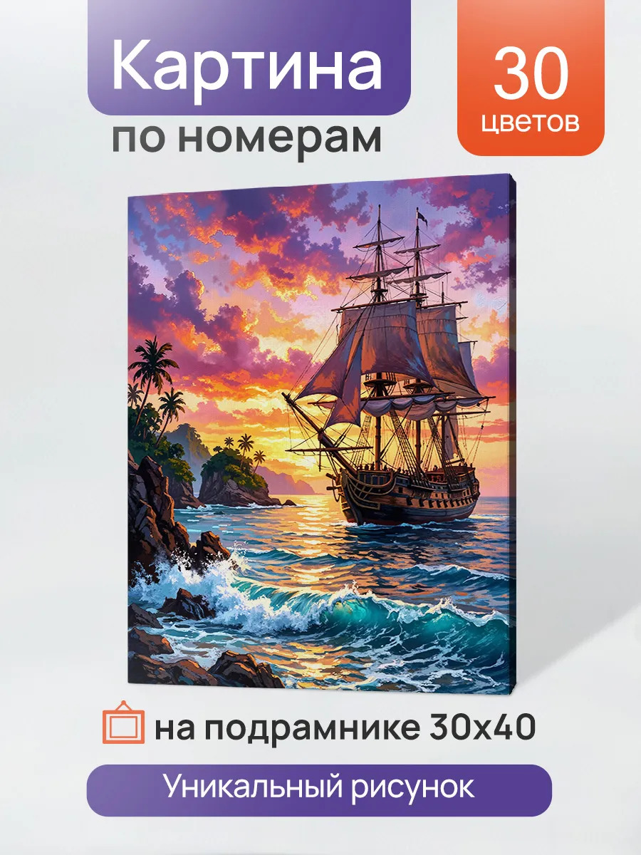 Набор д/творч. картина по номерам 30x40см "закатное море и корабль"